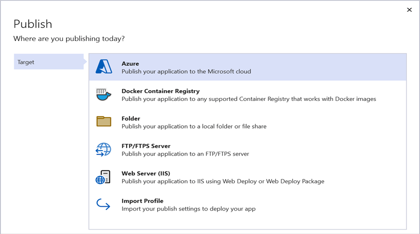 Select the publish target as Azure