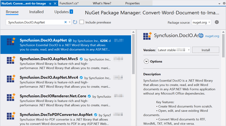 Install Syncfusion.DocIO.AspNet NuGet package