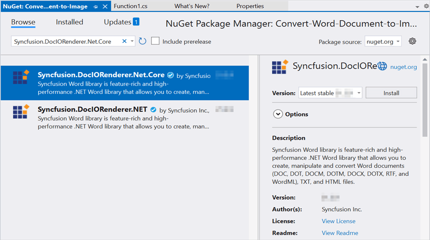 Install Syncfusion.DocIORenderer.Net.Core NuGet package