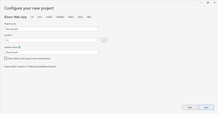 Name the Blazor Web App in Visual Studio