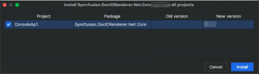 Install the Syncfusion.DocIORenderer.Net.Core NuGet package