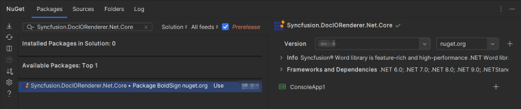 Select the Syncfusion.DocIORenderer.Net.Core NuGet package