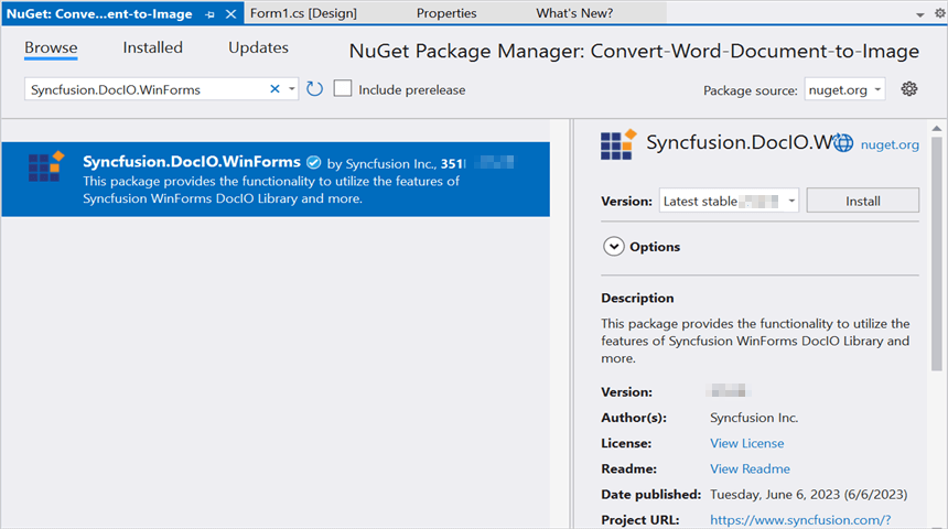 InstallSyncfusion.DocIO.WinForms NuGet package