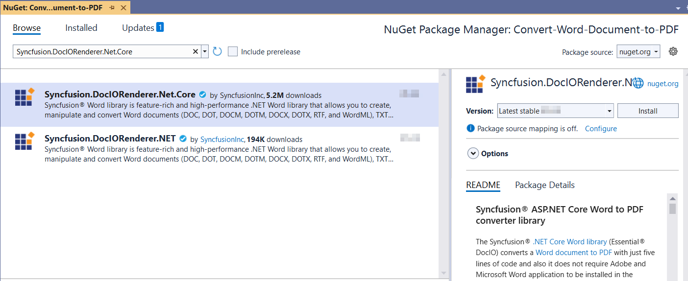 Install Syncfusion.DocIORenderer.Net.Core NuGet Package