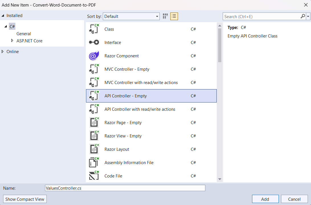 Add empty API controller to the project