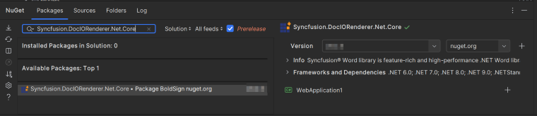 Select the Syncfusion.DocIORenderer.Net.Core NuGet package