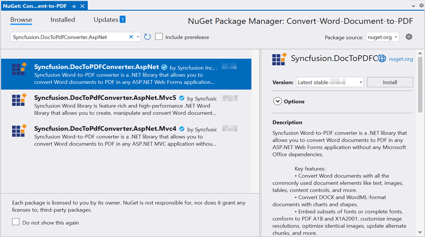 Install DocIO ASP.NET NuGet package