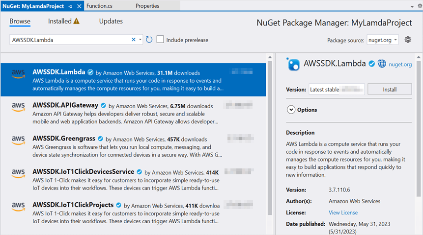 Install AWSSDK.Lambda Nuget Package