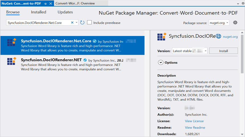 Install Syncfusion.DocIORenderer.Net.Core Nuget Package