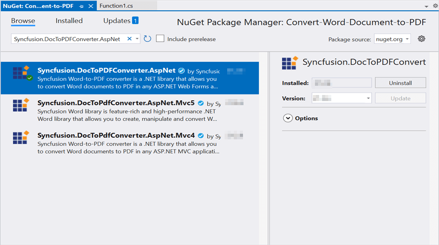 Install Syncfusion.DocToPDFConverter.AspNet NuGet package