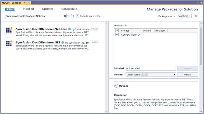 Install Syncfusion.DocIORenderer.Net.Core NuGet Package