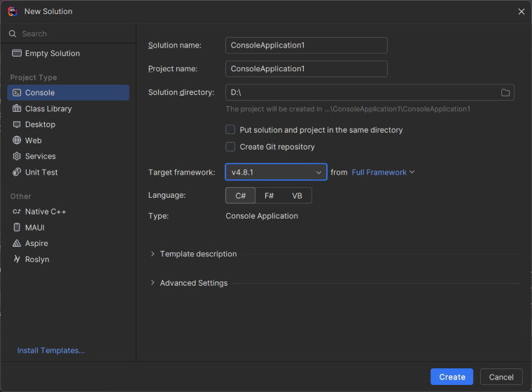 Creating a new .NET Framework console application in JetBrains Rider