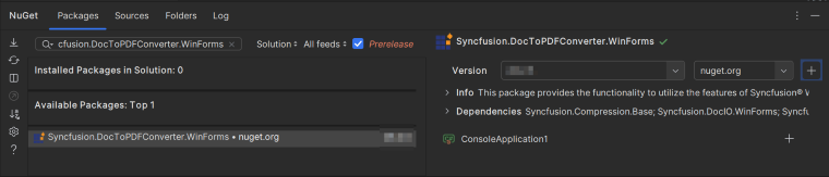 Select the Syncfusion.DocToPDFConverter.WinForms NuGet package