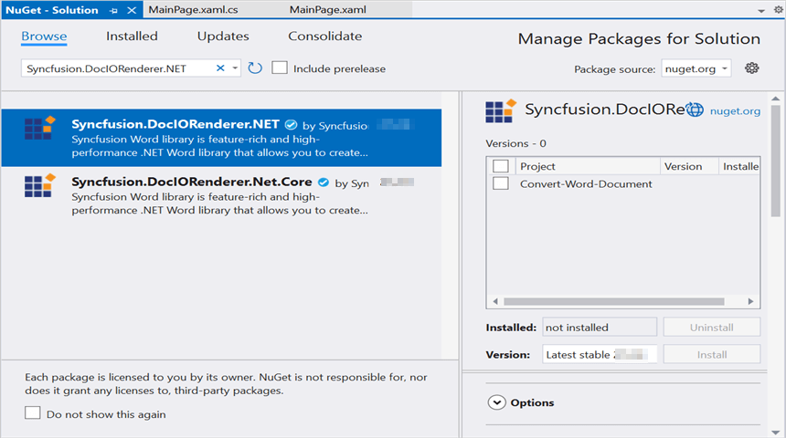 Install Syncfusion.DocIORenderer.NET NuGet package