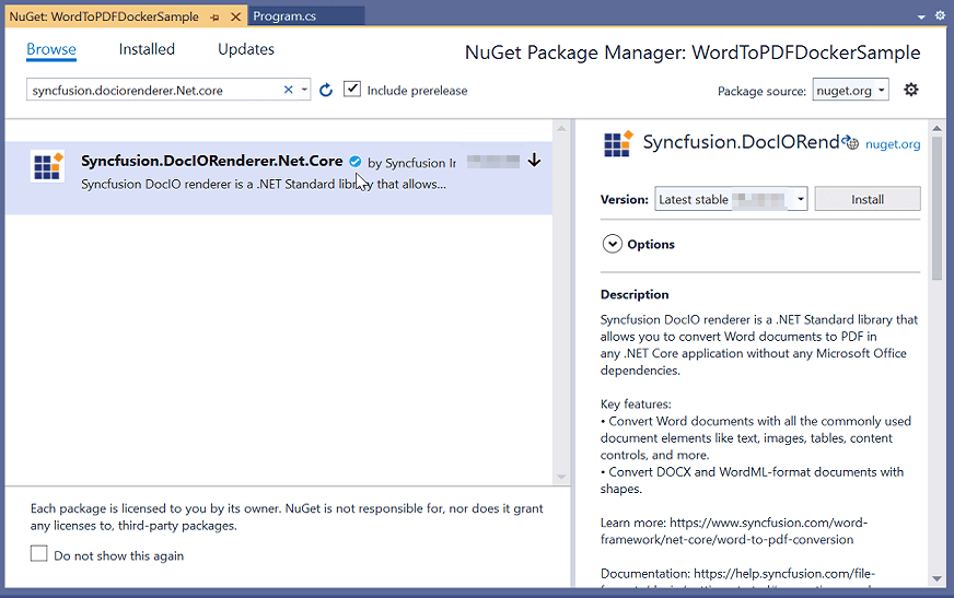 Install DocIO Renderer NuGet package