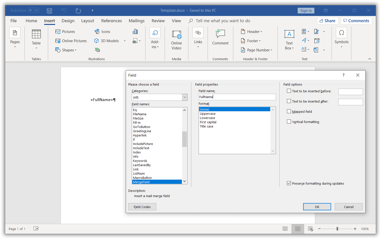 Word template document