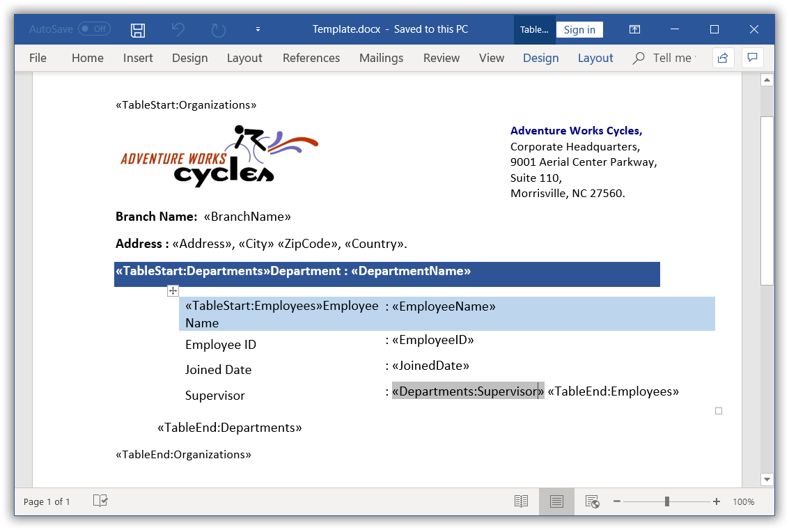 Word document template to map the fields of ancestor group