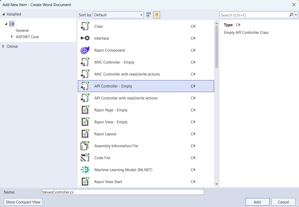Add empty API controller to the project