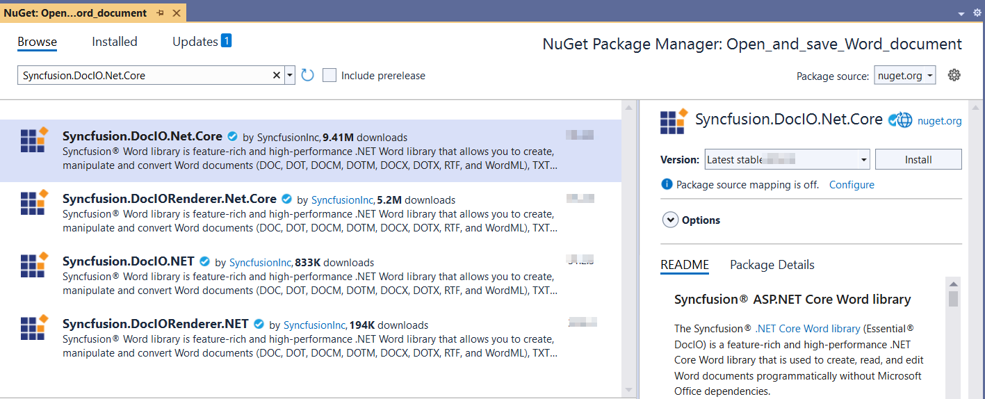 Install Syncfusion.DocIO.Net.Core NuGet Package