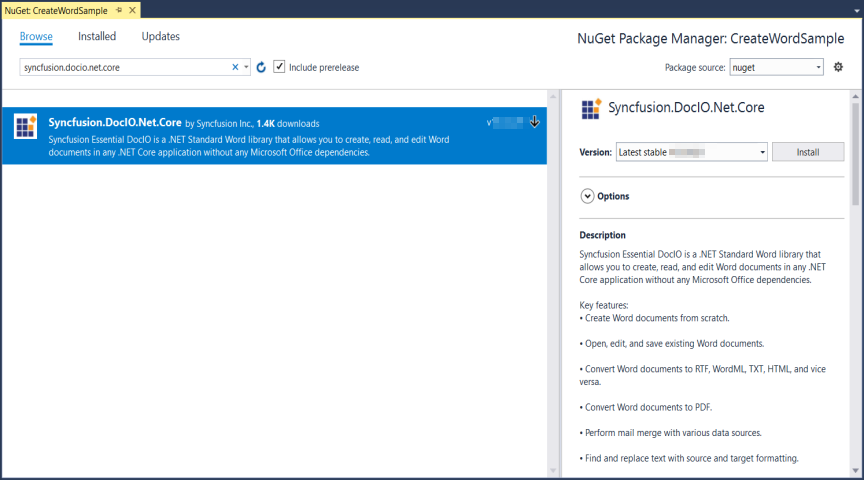 Install Syncfusion.DocIO.Net.Core NuGet package