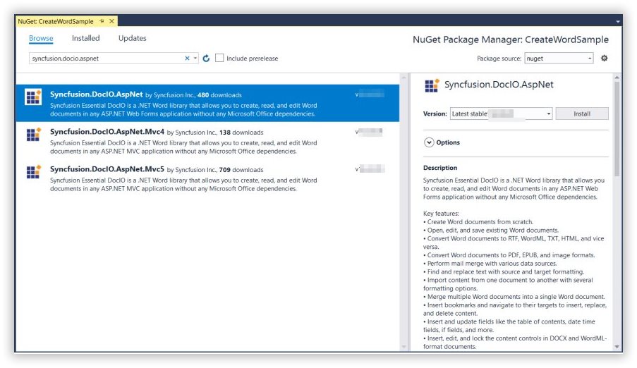Install Syncfusion.DocIO.AspNet NuGet package