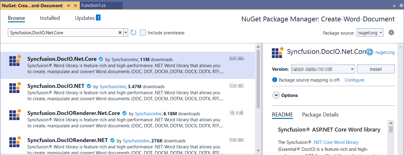 Install Syncfusion.DocIO.Net.Core NuGet package