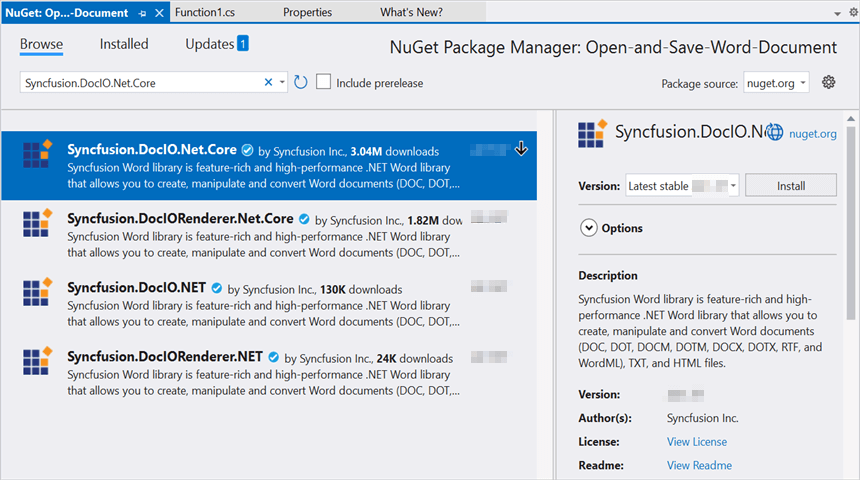 Install Syncfusion.DocIO.Net.Core NuGet package