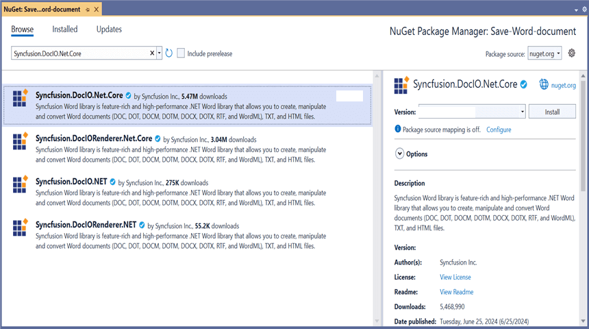Install Syncfusion.DocIO.Net.Core NuGet Package