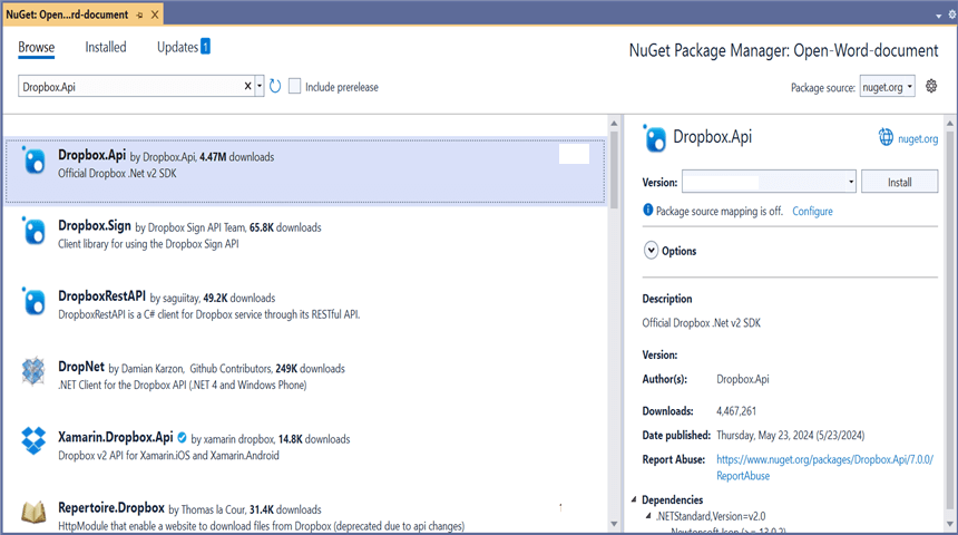 Install Dropbox.Api NuGet Package