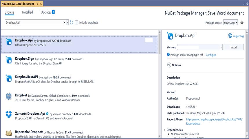Install Dropbox.Api NuGet Package
