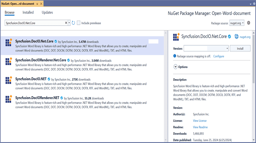 Install Syncfusion.DocIO.Net.Core NuGet Package