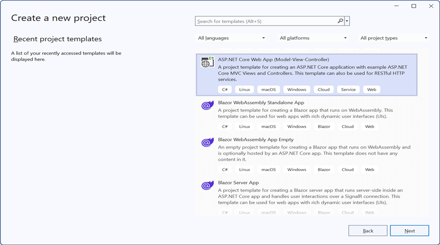 Create a ASP.NET Core Web App project in visual studio