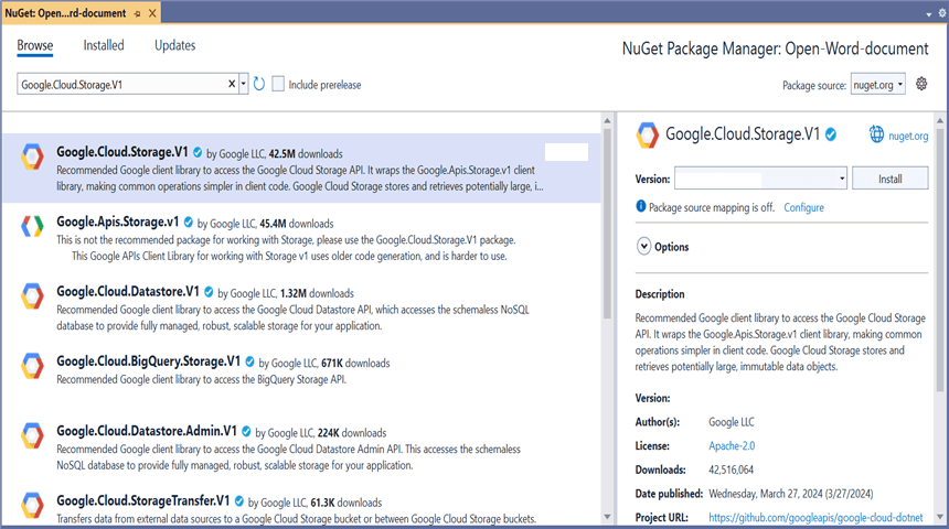 Install Google.Cloud.Storage.V1 NuGet Package