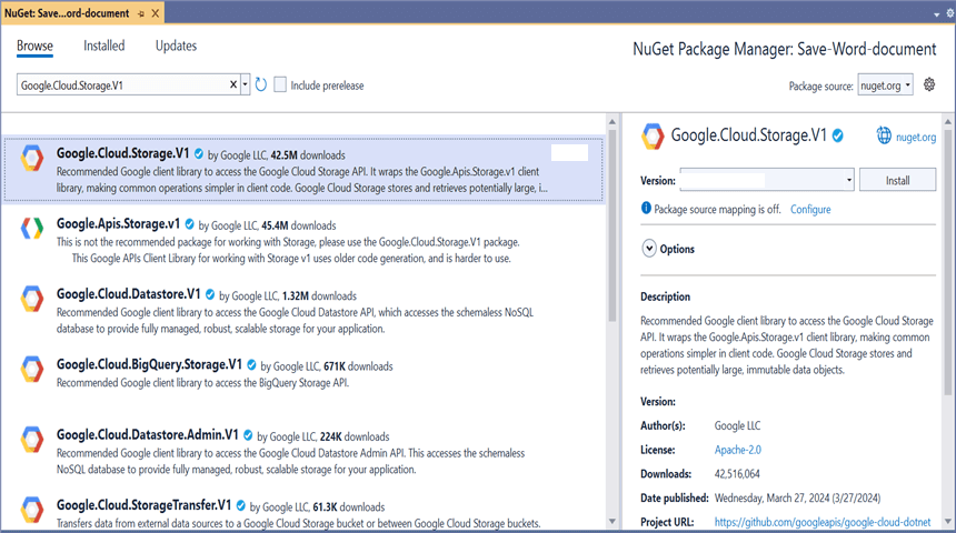 Install Google.Cloud.Storage.V1 NuGet Package