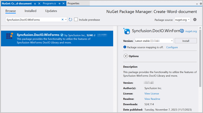 Install Syncfusion.DocIO.WinForms NuGet package