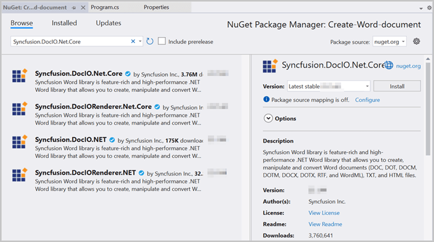 Install Syncfusion.DocIO.Net.Core NuGet Package