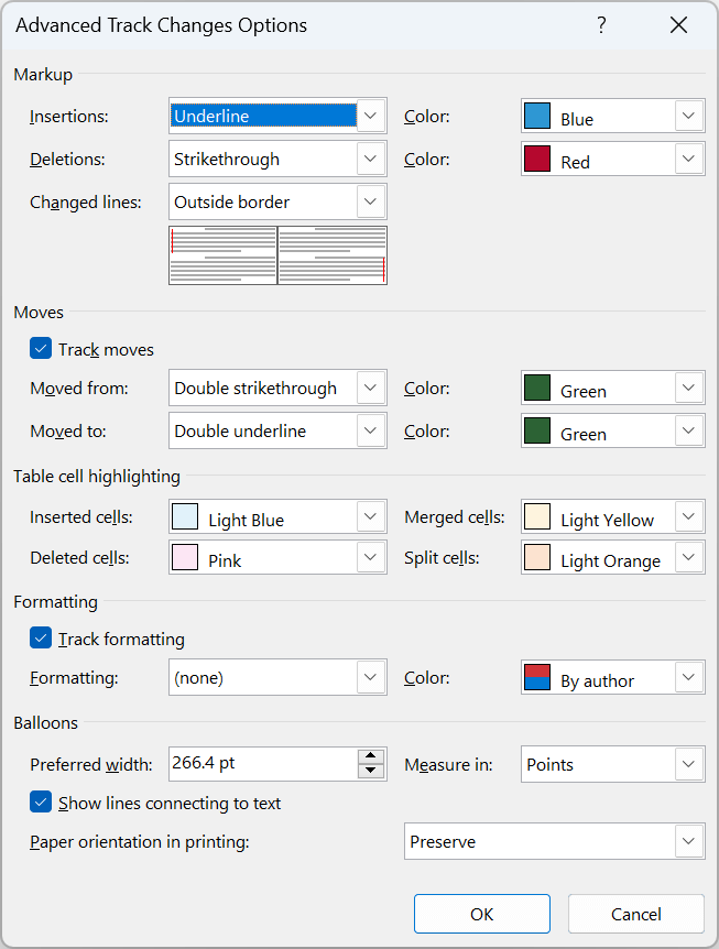 Advanced track changes options in Microsoft Word