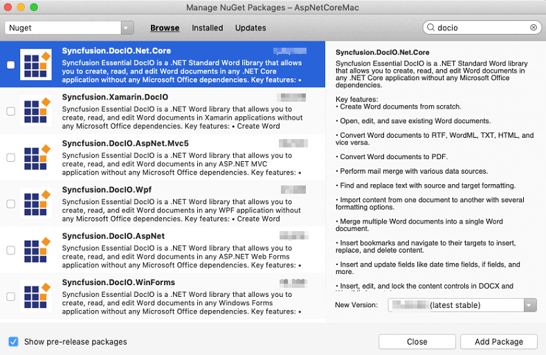 Install DocIO .NET Core NuGet package
