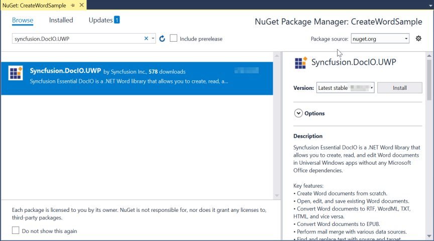 Install Syncfusion.DocIO.UWP NuGet package