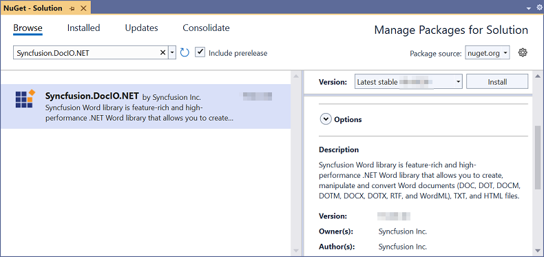Install the DocIO .NET NuGet package