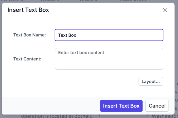 Insert Text Box Dialog in DOCX Editor