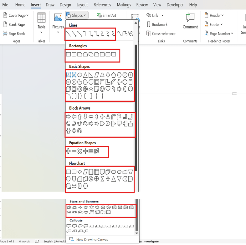 List of supported shapes in DocumentEditor