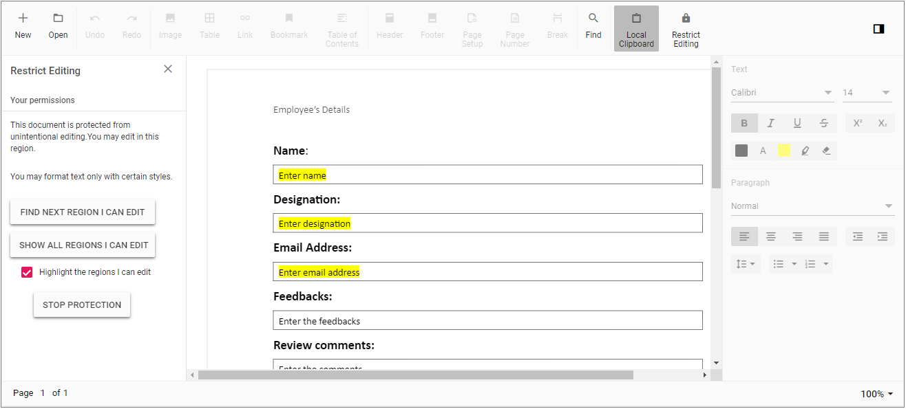 Disabling Restrict Editing in Blazor DocumentEditor