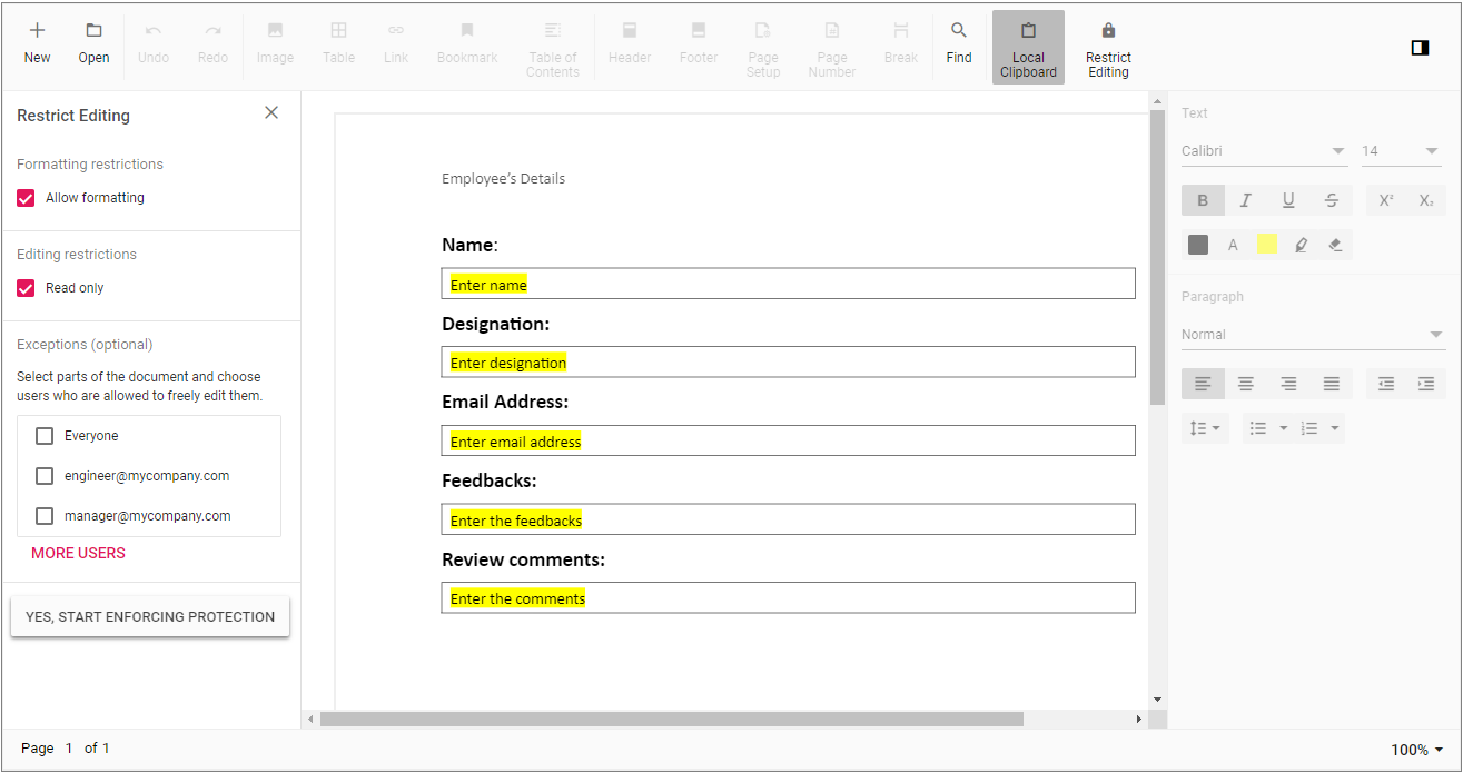 Enabling Restrict Editing in Blazor DocumentEditor