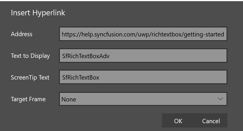 Adding hyperlink to UWP DOCX Editor using the Insert Hyperlink dialog