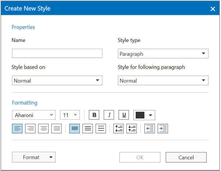 WPF DOCX Editor displays New Style Dialog