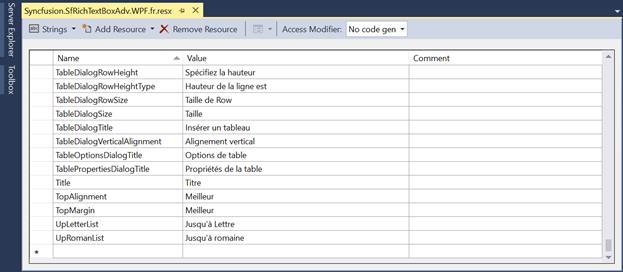 Resource Designer showing the name and localized value columns for the Resx file