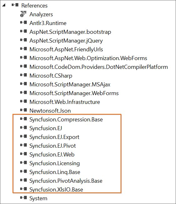 Reference assemblies use of Syncfusion Essential JS 1 ASP.NET Web Forms Project