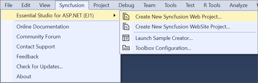 Syncfusion Menu when No project selected in Visual Studio