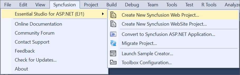 Syncfusion Menu when Selected Synfusion ASP.NET EJ1 application in Visual Studio